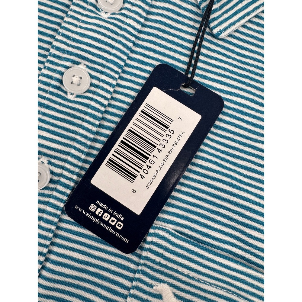 NWT Simply Southern Mens L Short Sleeve Polo Teal Striped Cotton Stretch Preppy - Picture 5 of 11